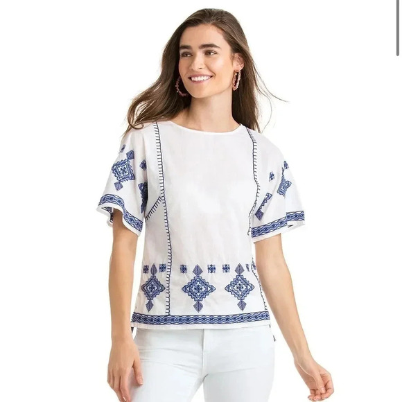 VINEYARD VINES Grand Millennial Embroidered Blue White Lightweight Top Small‎ - Picture 2 of 7